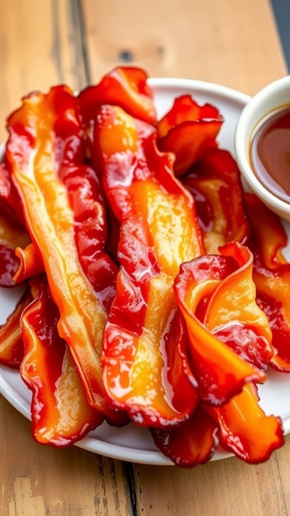 Crispy air fryer bacon strips on a plate, with a rustic background.